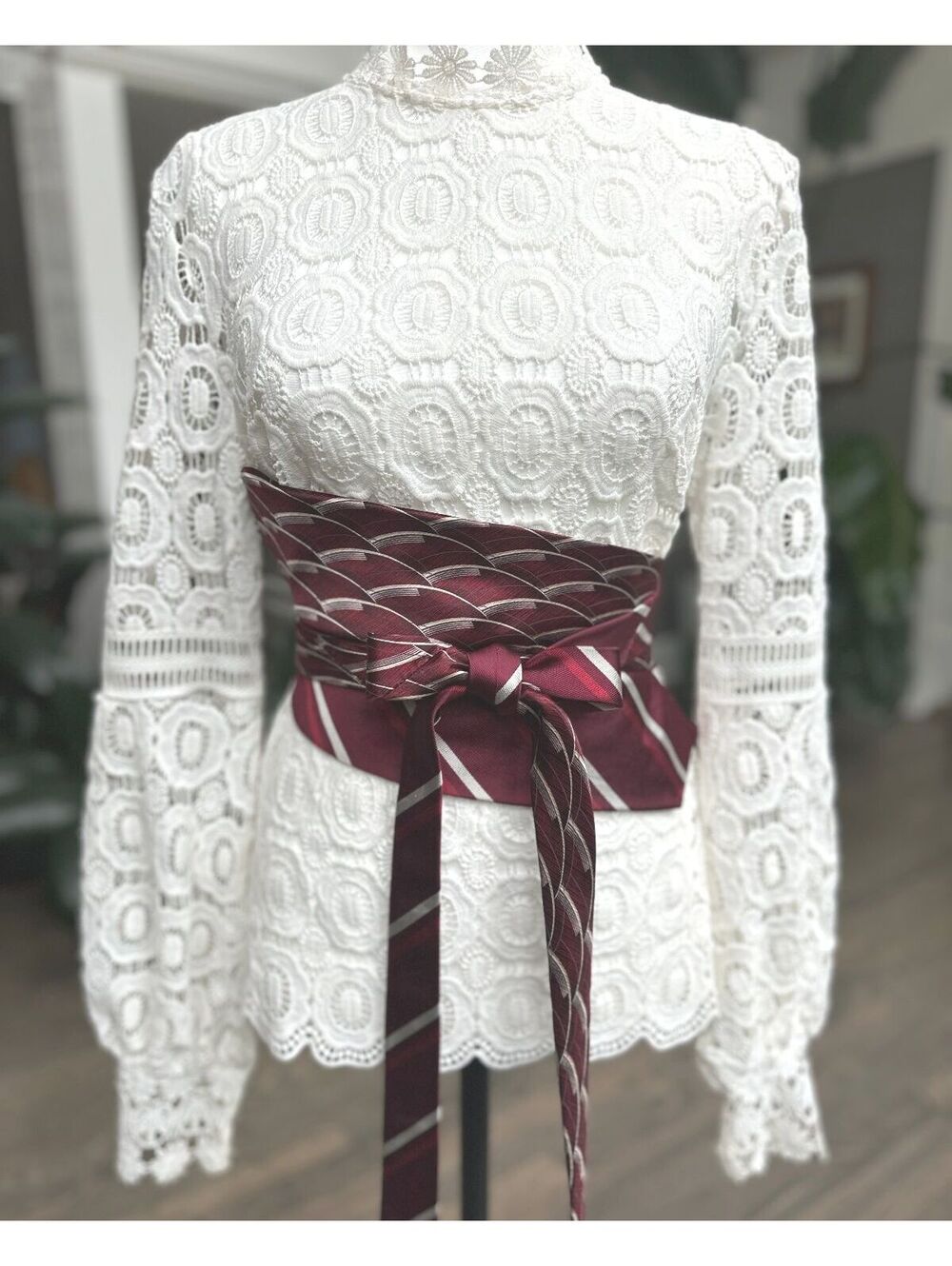 Burgundy Deco Dream Upcycled Silk Obi Belt | Corset Style | OOAK | OS